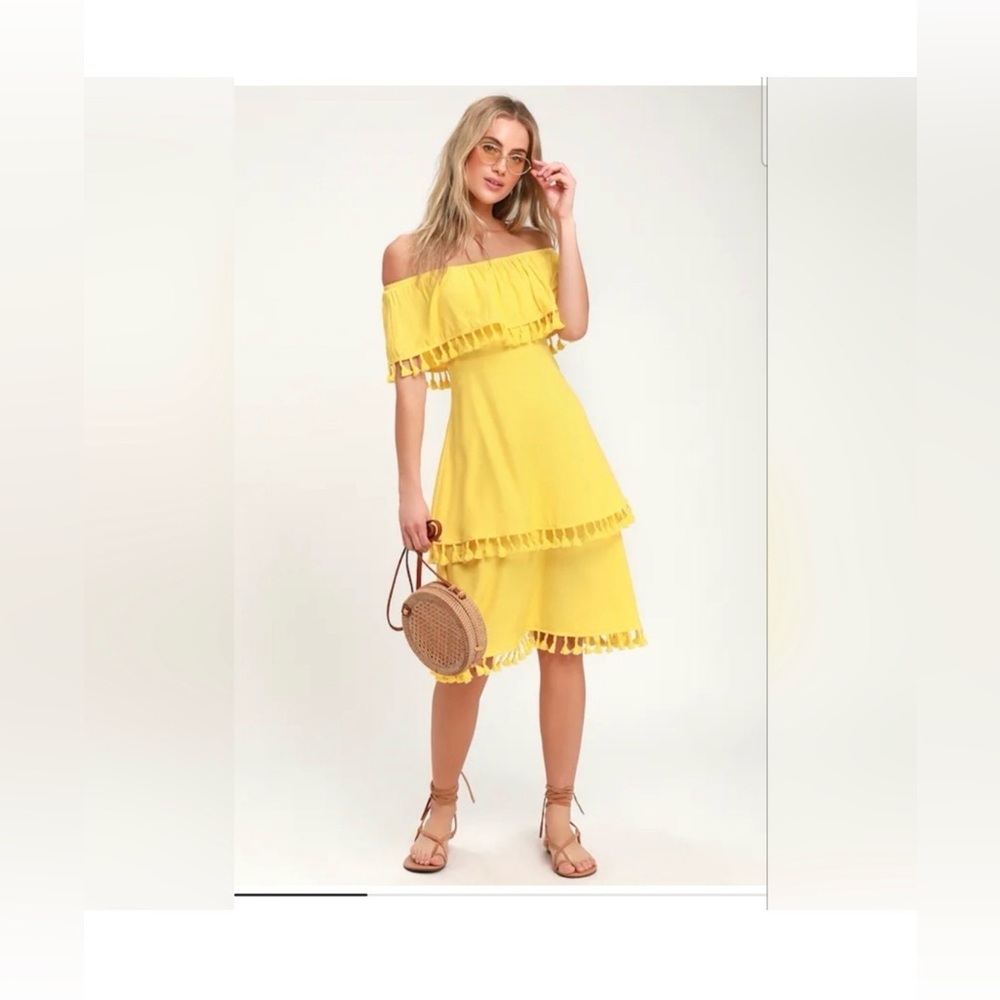 Lulu's Pensacola Yellow Off-the-Shoulder Tassled Midi Dress